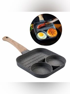 3 section Breakfast Skillet Nonstick Breakfast Pan Wood-Look Handle NEW 2 holes
